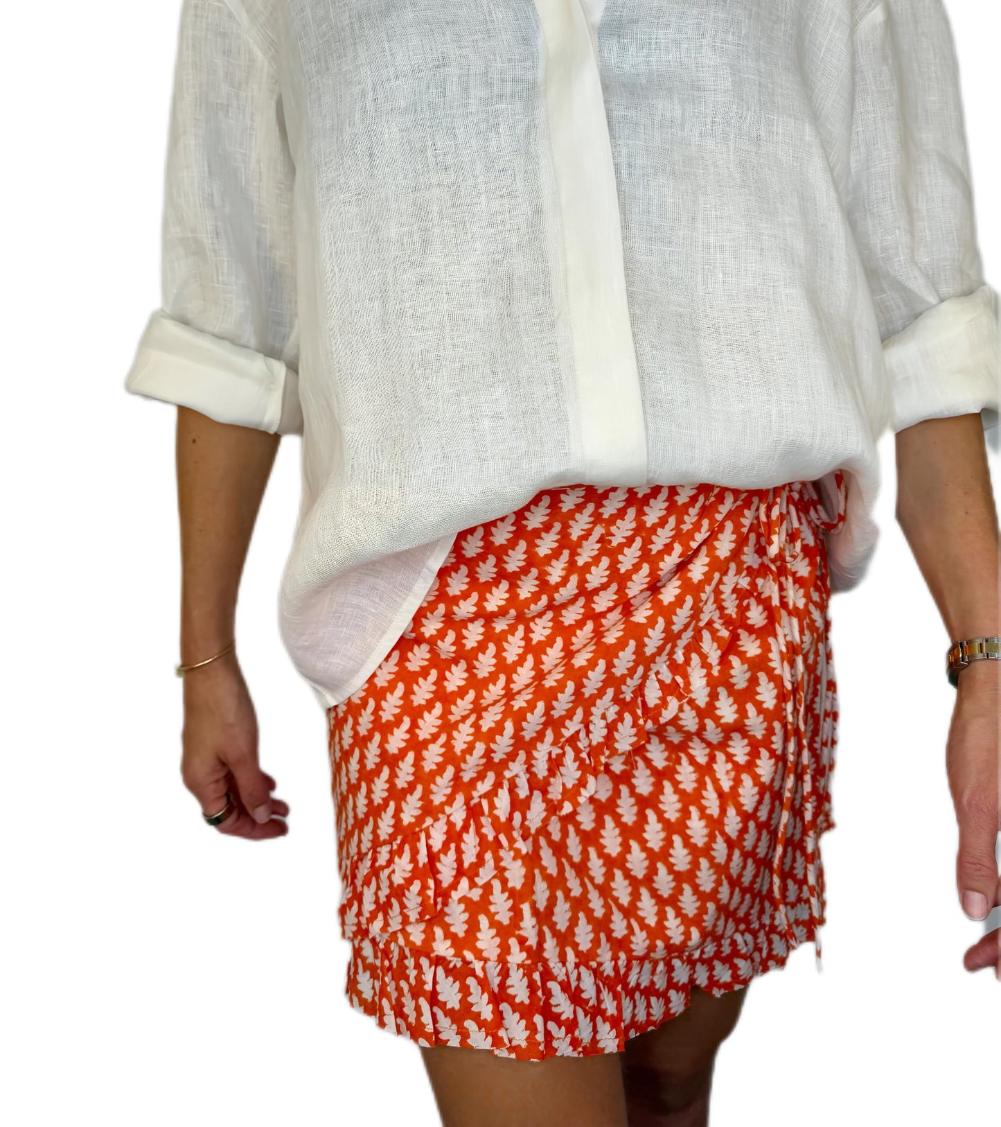 Mandardin Frilly Edge Cotton Wrap Mini Skirt - Orange Red