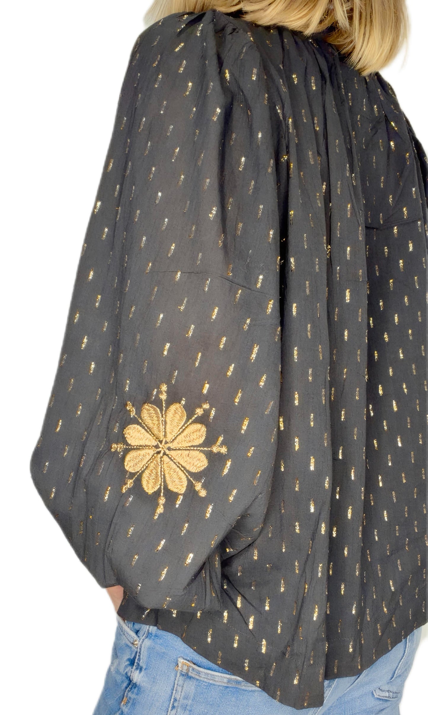 Goldie Metallic Spot Half Placket Cotton Pop-Over Top - Deep Indigo