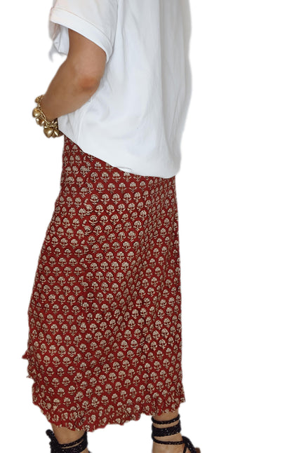 Ruby Frilly Edge Cotton Wrap MIDI Skirt - Ruby Red