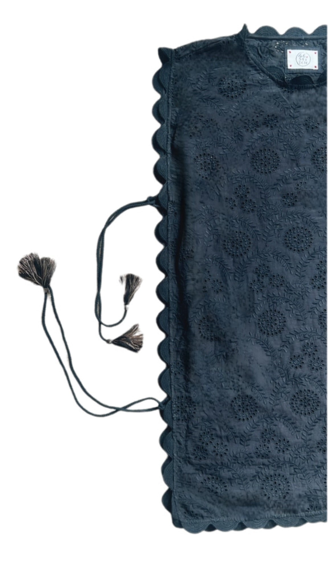 Ric Rac Tie Side Cotton Broderie Beach Cover-Up - Noir