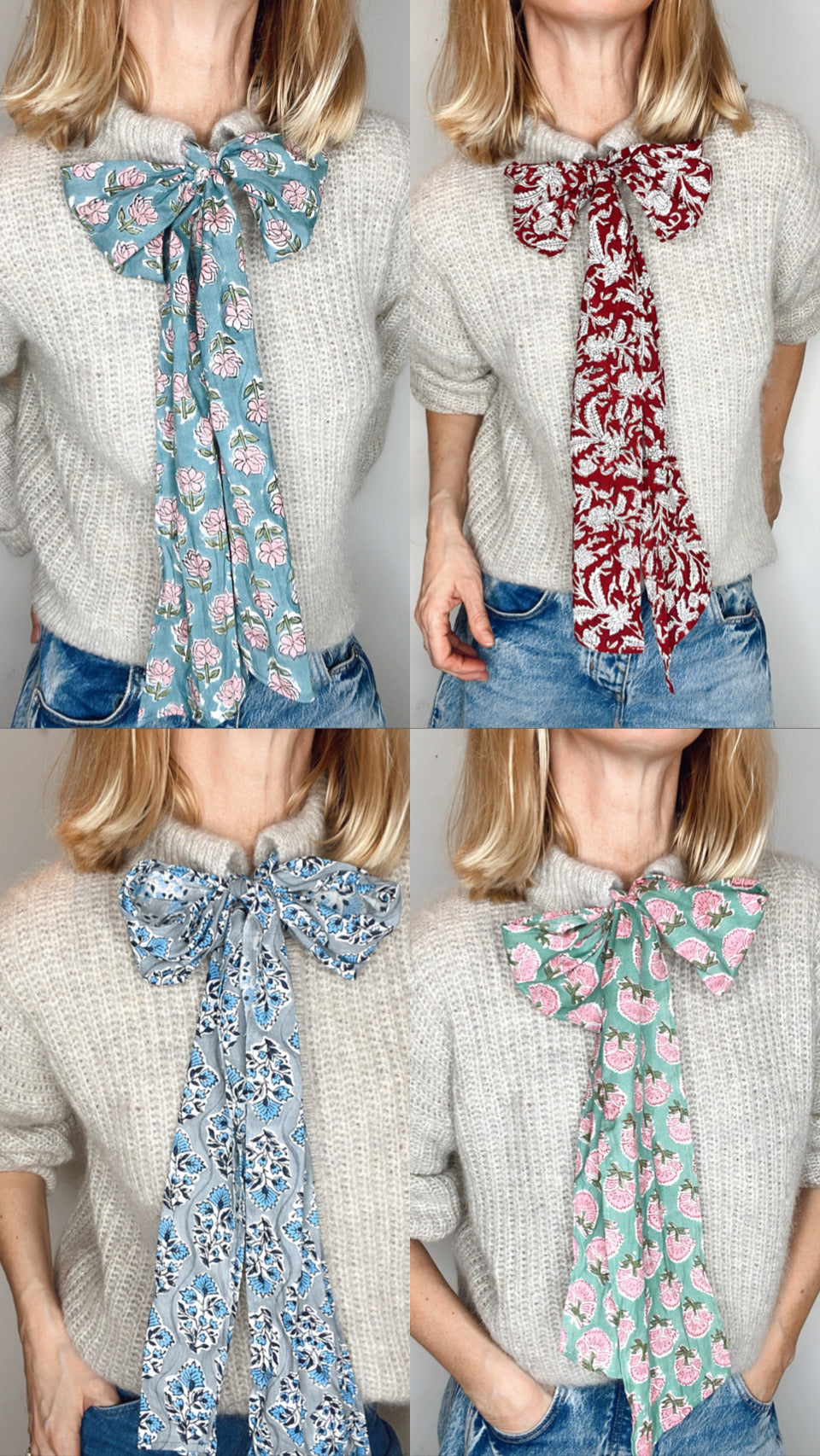 Long Handprinted Cotton Ties For Chunky Knit Cardigan