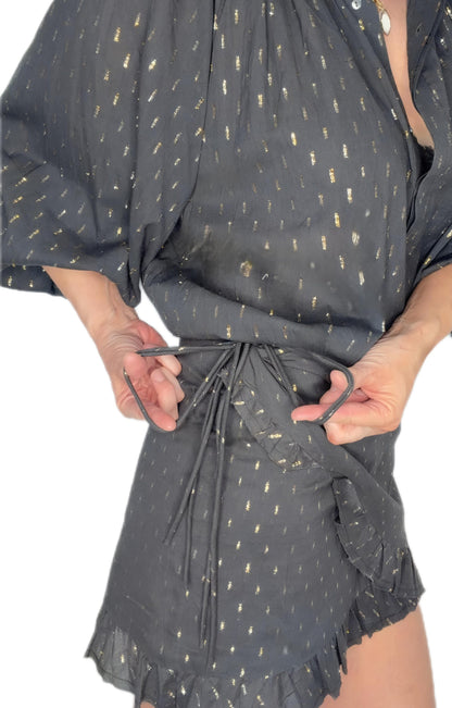 Goldie Frilly Edge Cotton Wrap Mini Skirt - Deep Indigo & Gold