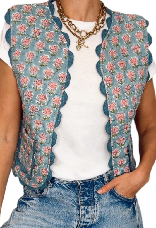 Thea Ric Rac Cotton Quilted Gilet - Denim Blue & Pink