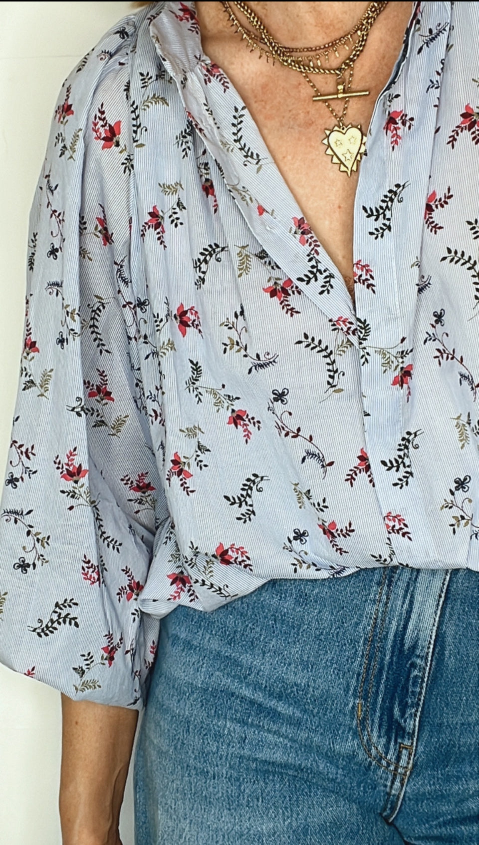 Sylvie Detachable Tie Neck Cotton Shirt- Denim Blue Fine Stripe Floral