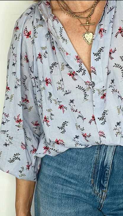 Sylvie Detachable Tie Neck Cotton Shirt- Denim Blue Fine Stripe Floral