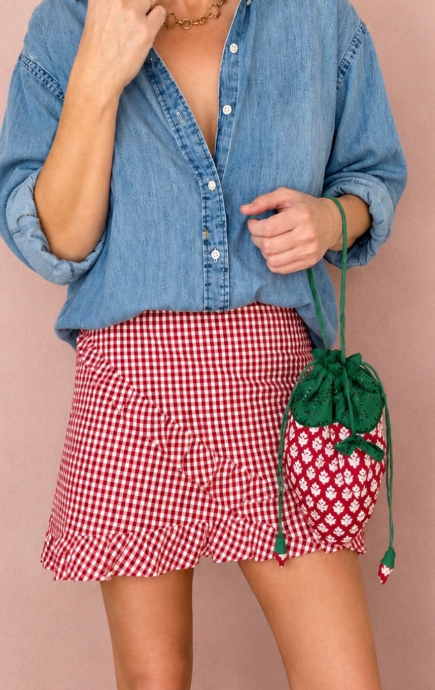Ginny Gingham Frilly Edge Cotton Wrap Mini Skirt - Chilli Red