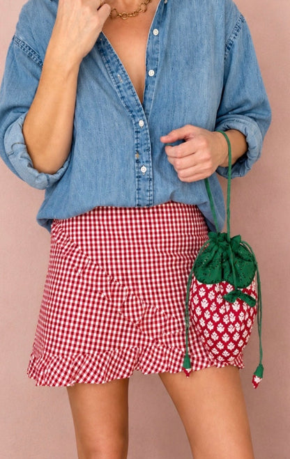 Ginny Gingham Frilly Edge Cotton Wrap Mini Skirt - Chilli Red