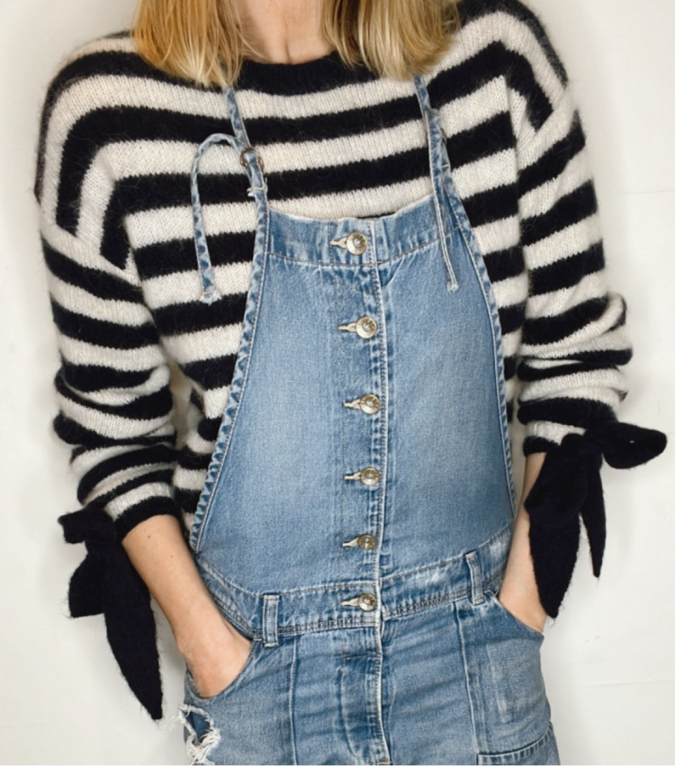 Interchangeable Bow Cuff Stripe Jumper - Dark Navy and Cream