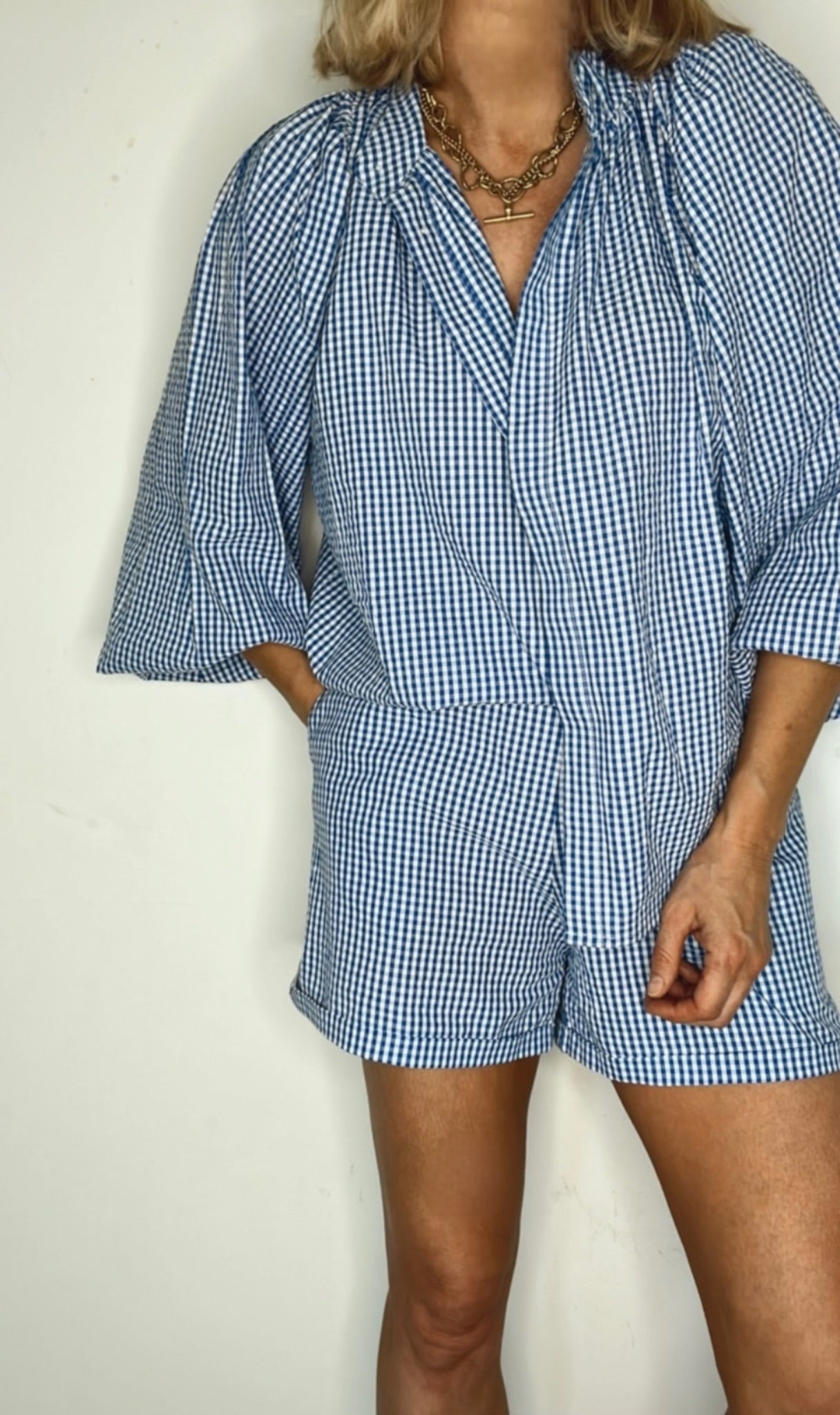 Peggy Micro Gingham Detachable Tie Neck Cotton Shirt - Blue & White