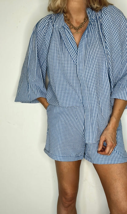 Peggy Micro Gingham Detachable Tie Neck Cotton Shirt - Blue & White