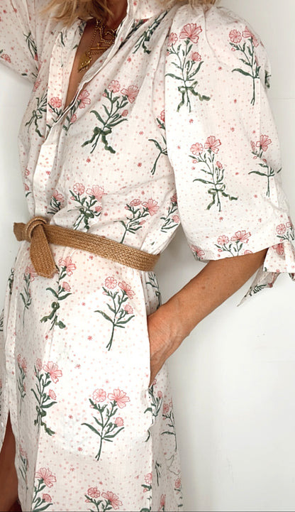 Posie Organic Cotton Bow Cuff Midi Shirt Dress - Ecru, Pink & Khaki Print