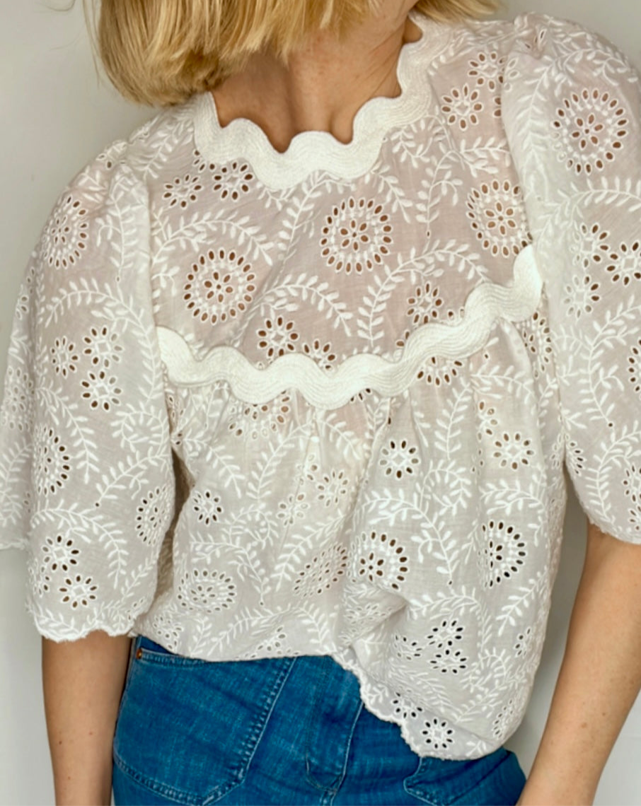 *PRE-ORDER* Ric Rac Floral Broderie Cotton Top - White