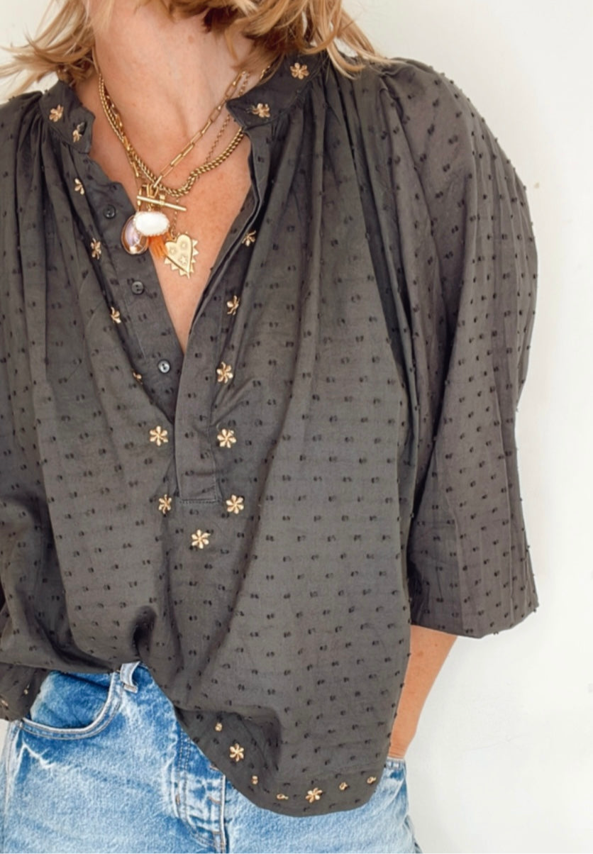 Shivani Half Placket Cotton Pop-Over Top - Washed Black