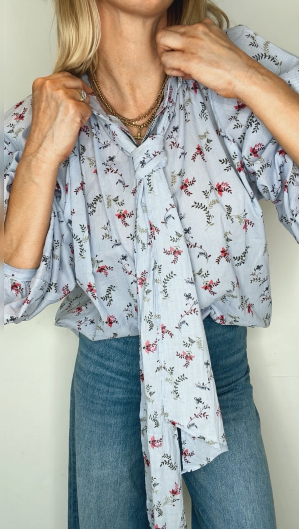 Sylvie Detachable Tie Neck Cotton Shirt- Denim Blue Fine Stripe Floral