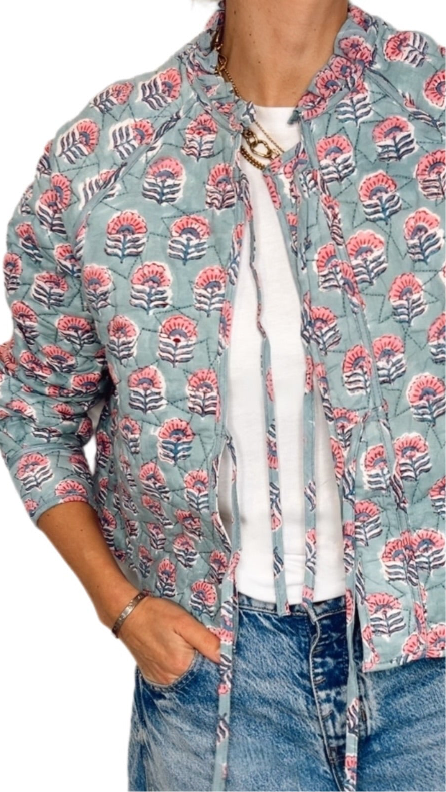 Minty Printed Cotton Quilted Jacket - Soft Mint & Pink