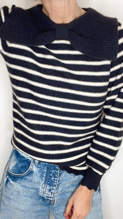 Bow Collar Stripe Jumper - Navy & Ecru