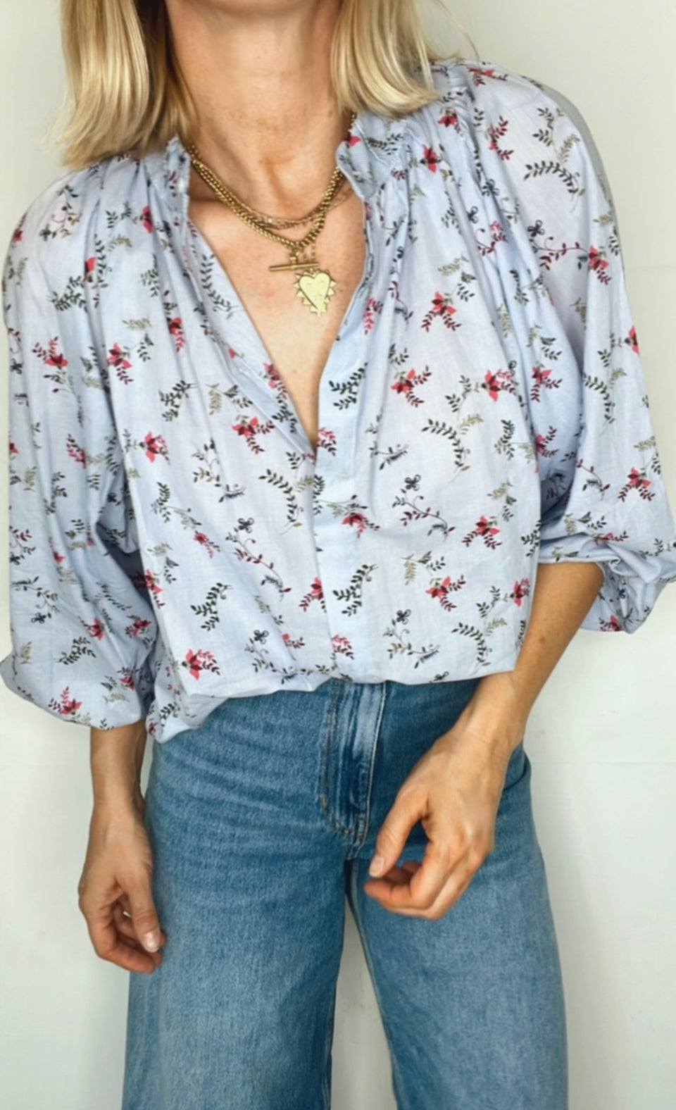 Sylvie Detachable Tie Neck Cotton Shirt- Denim Blue Fine Stripe Floral