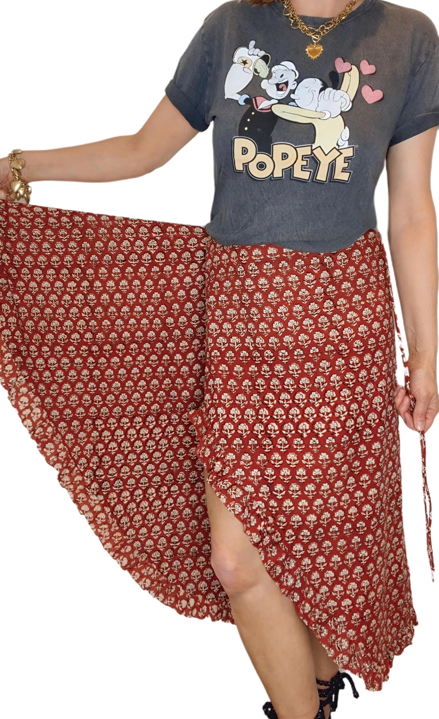 Ruby Frilly Edge Cotton Wrap MIDI Skirt - Ruby Red