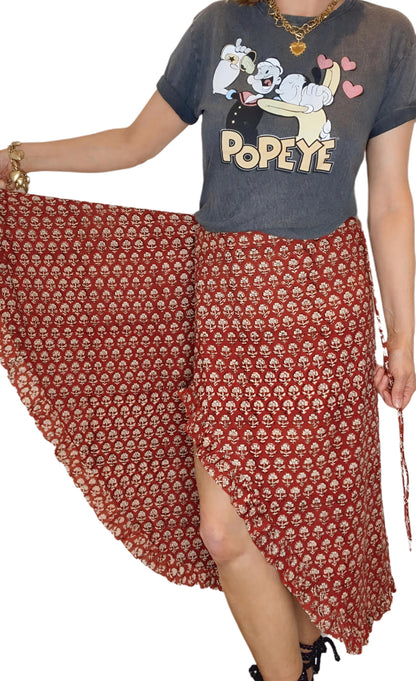 Ruby Frilly Edge Cotton Wrap MIDI Skirt - Ruby Red