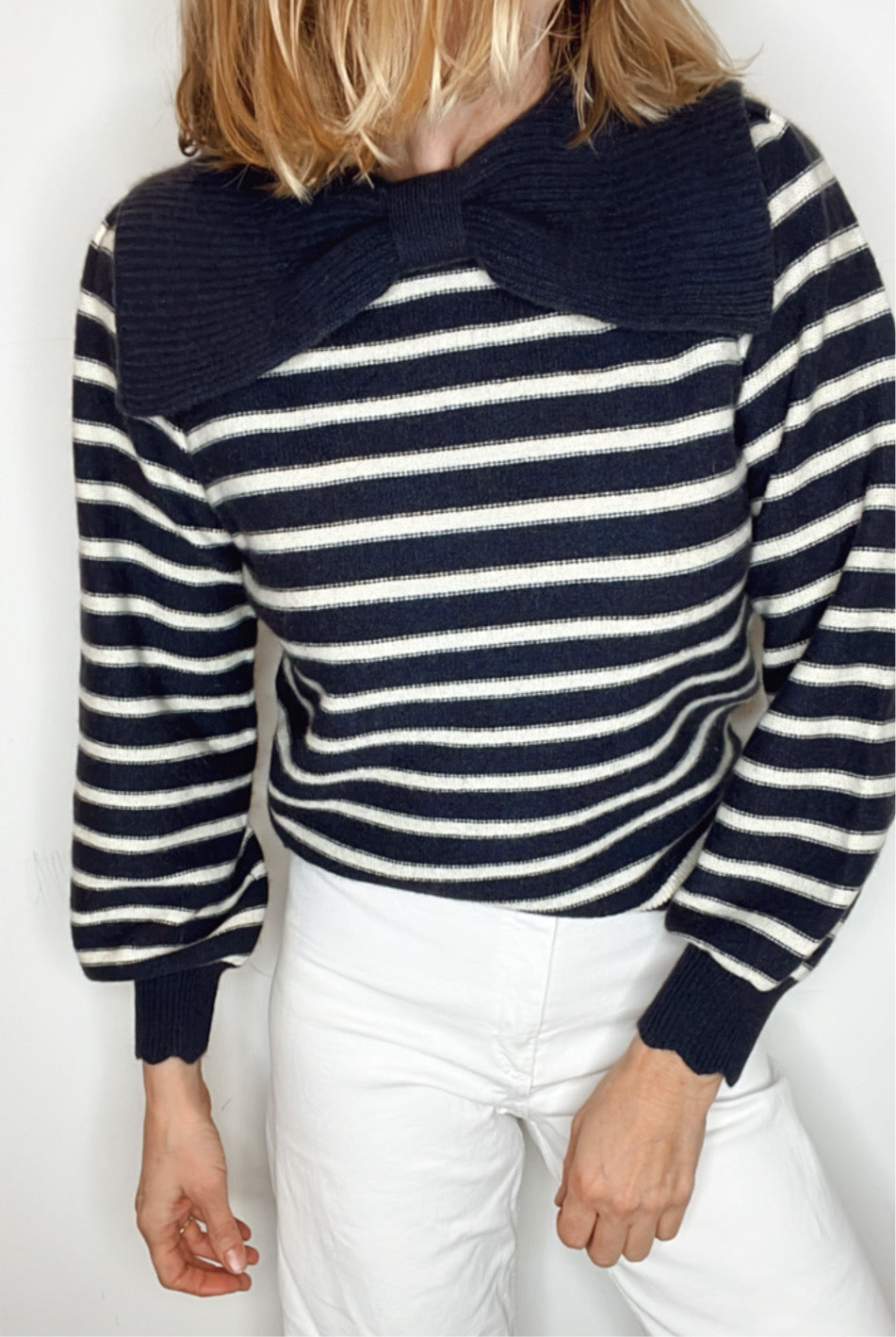 Bow Collar Stripe Jumper - Navy & Ecru