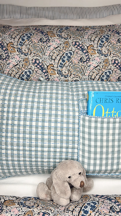 Oscar Gingham Pocket Quilted Cushion Cover - Denim Blue