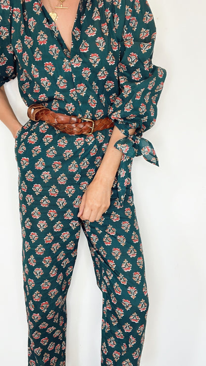 Beth Bow Cuff Cotton Block Printed Jumpsuit - Dark teal