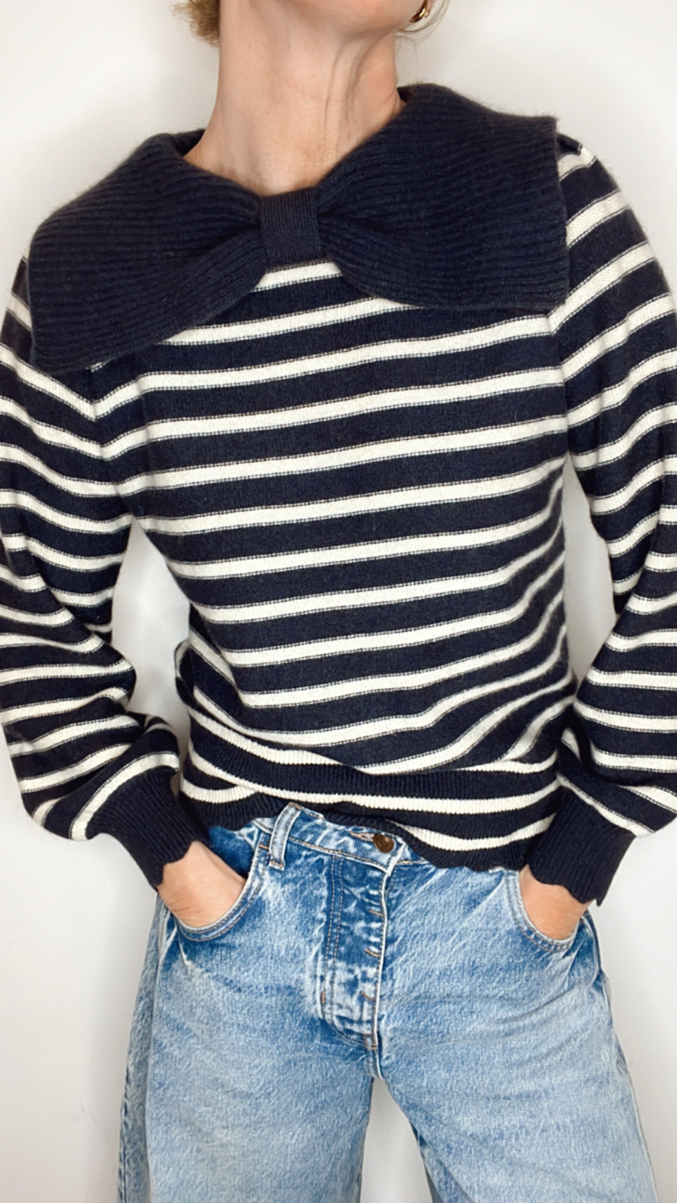 Bow Collar Stripe Jumper - Navy & Ecru