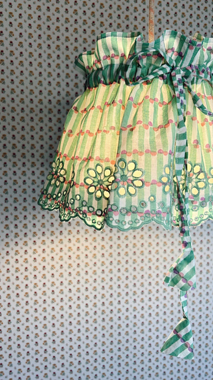 Medium Adjustable Broderie Trim Fabric Lampshade Cover - Soft Green Dash and Dot