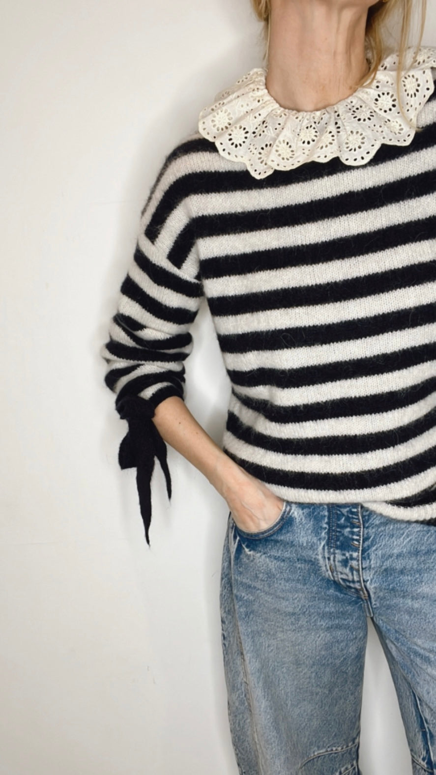 Interchangeable Bow Cuff Stripe Jumper - Dark Navy and Cream