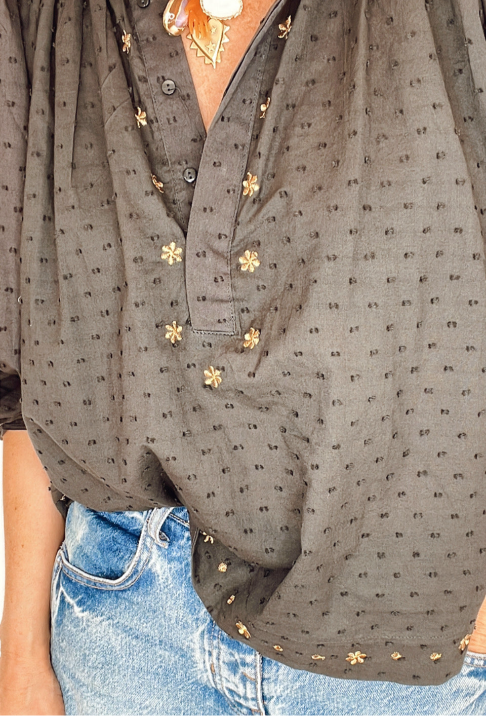 Shivani Half Placket Cotton Pop-Over Top - Washed Black