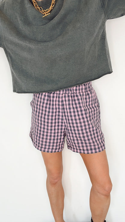 Jamie Gingham Linen Short - Charcoal & Dusty Pink