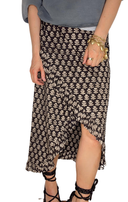 Jet Frilly Edge Cotton Wrap MIDI Skirt - Jet Black