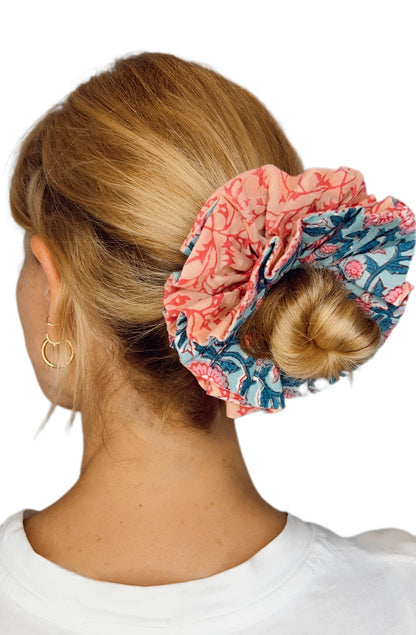 Emmy Double Layer, Reversible Cotton Scrunchie - Teal & Pinks