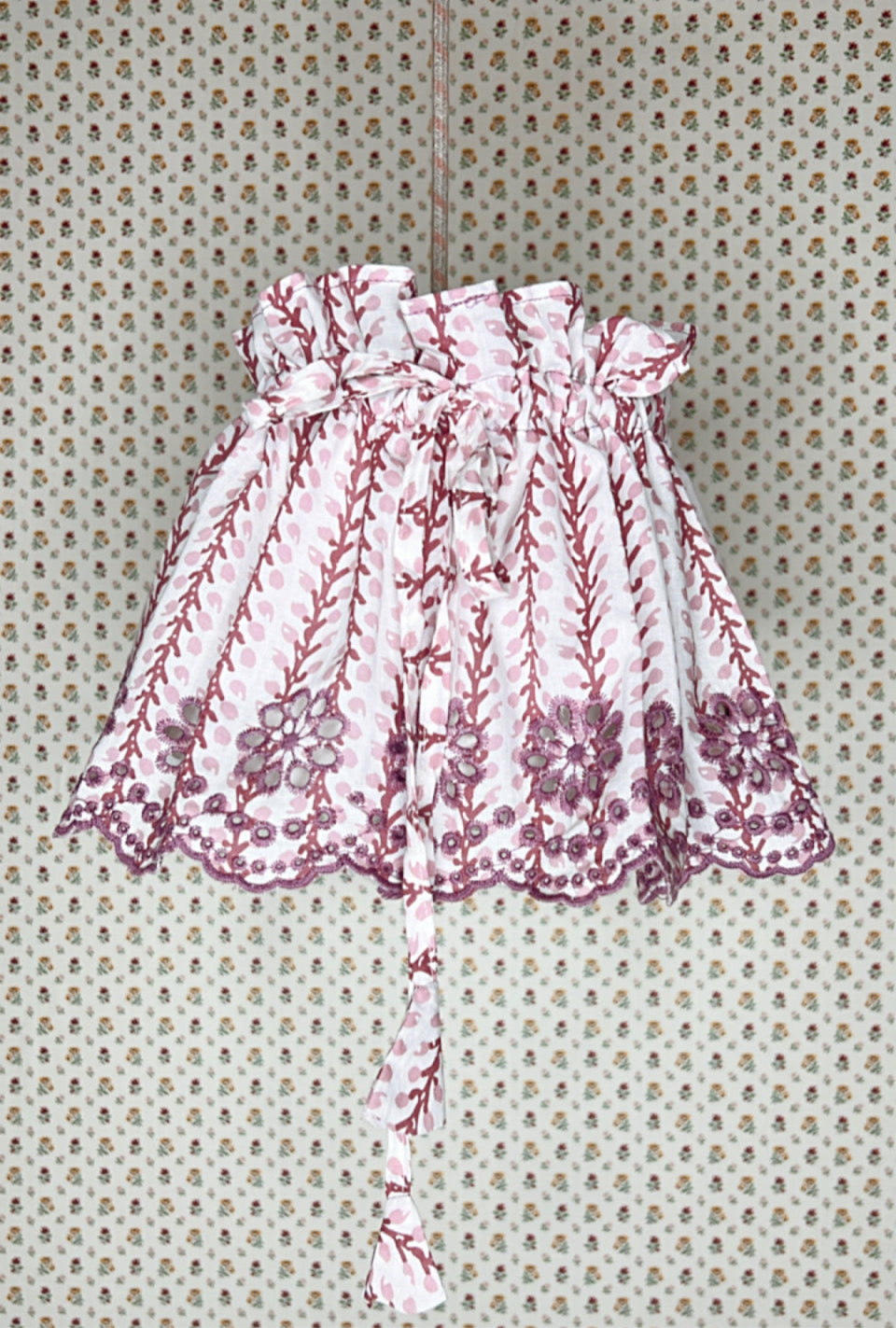 Medium Adjustable Broderie Trim Fabric Lampshade Cover - Dark, Dusty Lilac Foliage