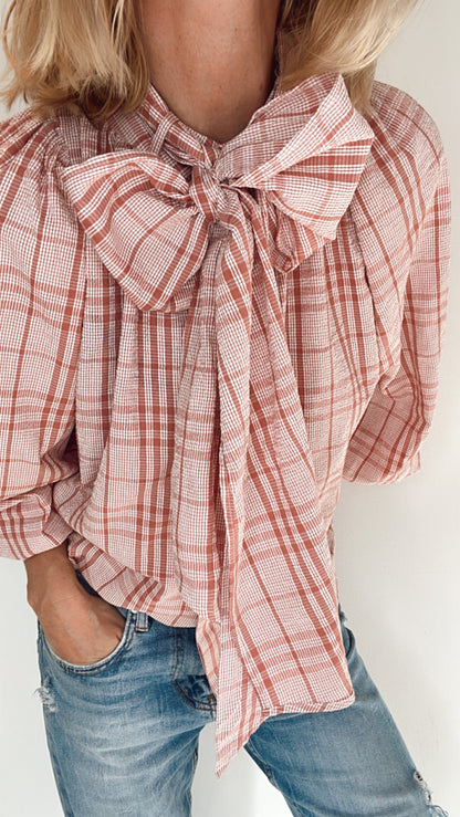 Sally Check Tie Neck Cotton Shirt - Dusty Pink