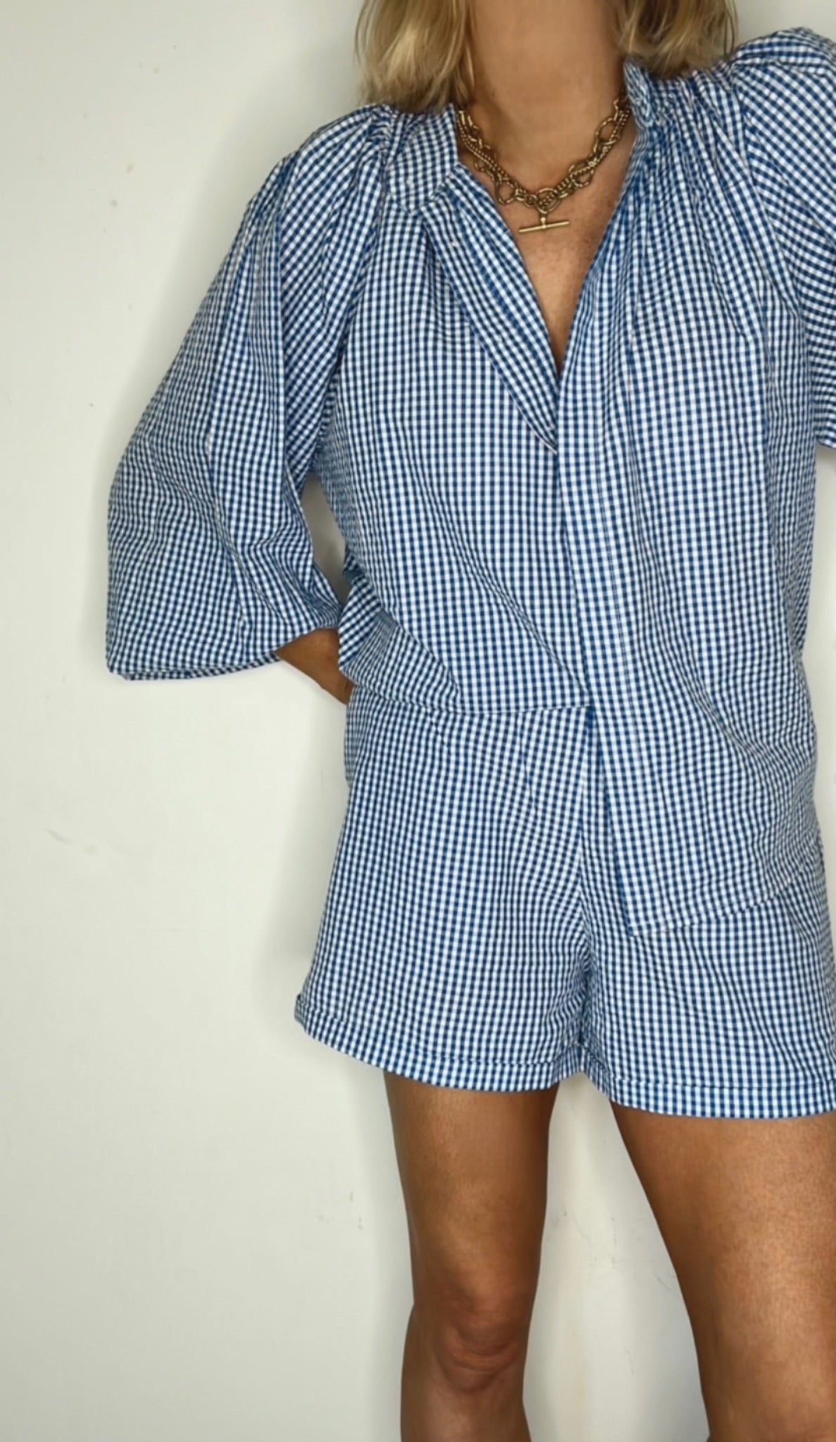 Peggy Micro Gingham Detachable Tie Neck Cotton Shirt - Blue & White