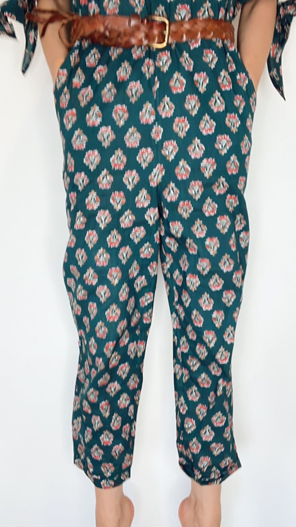 Beth Bow Cuff Cotton Block Printed Jumpsuit - Dark teal