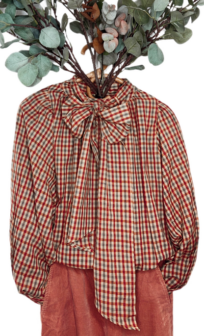 Autumn Gingham Detachable Tie Neck Cotton Shirt - Merlot Multi