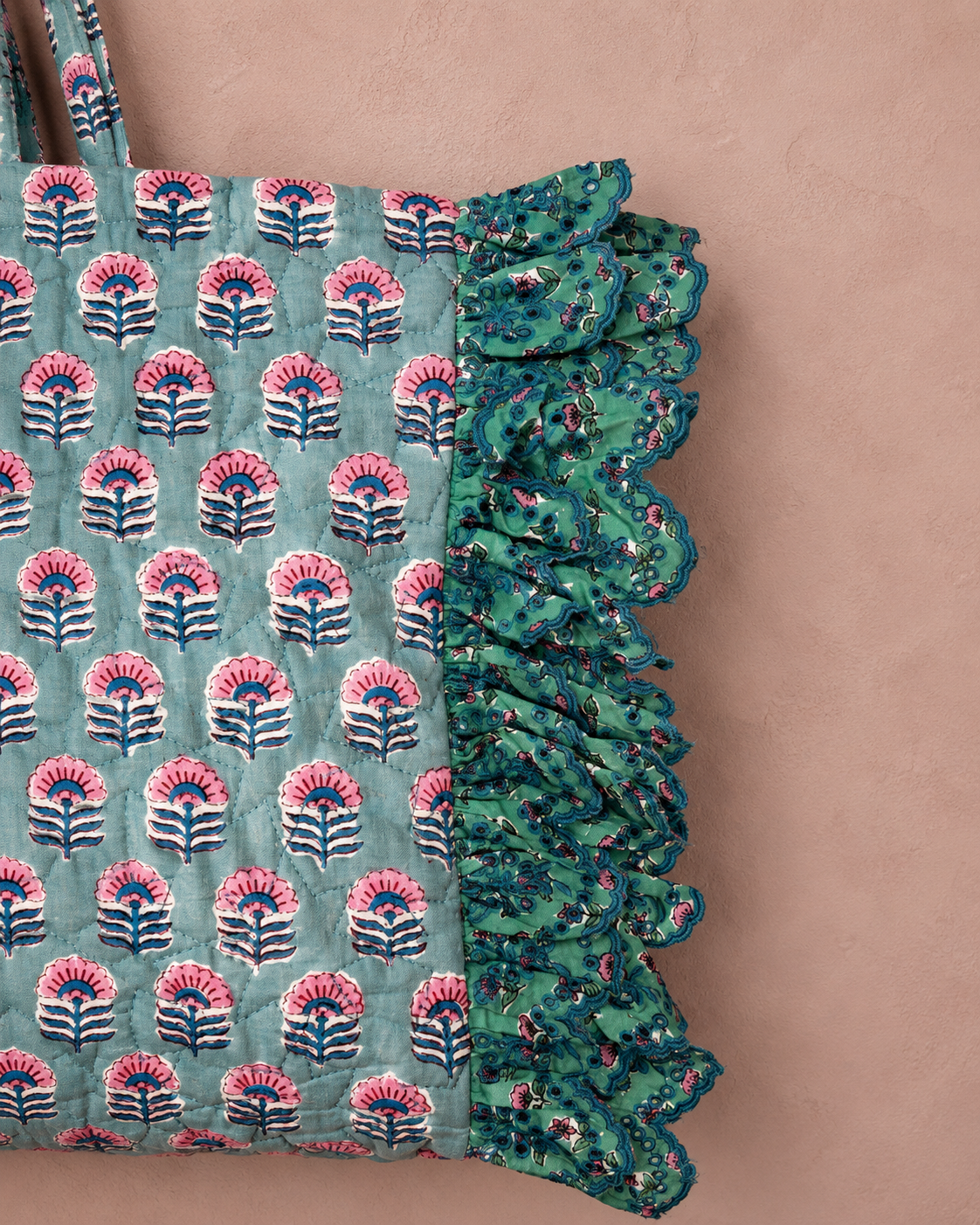 Minty Jumbo Quilted Cotton Frill Tote Bag - Blue Green