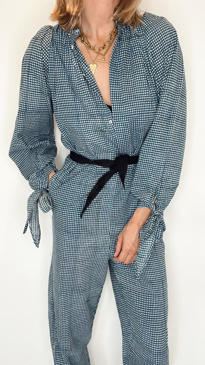 Gigi Bow Cuff Cotton Gingham Block Printed Jumpsuit - Navy Blue Print