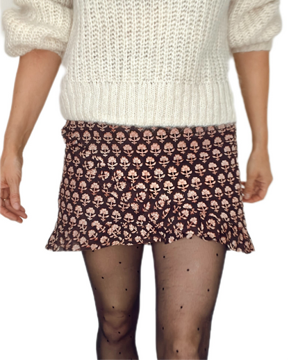 Belly Frill Edge Cotton Wrap Mini Skirt - Deep Bitter Chocolate