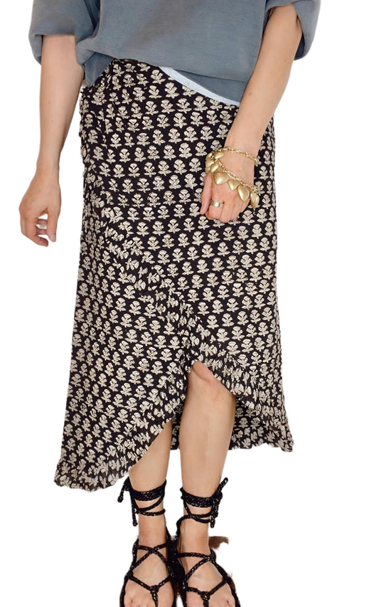 Jet Frilly Edge Cotton Wrap MIDI Skirt - Jet Black