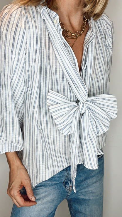 Scandi Stripe Tie Neck Cotton Shirt - Ecru and Soft Grey