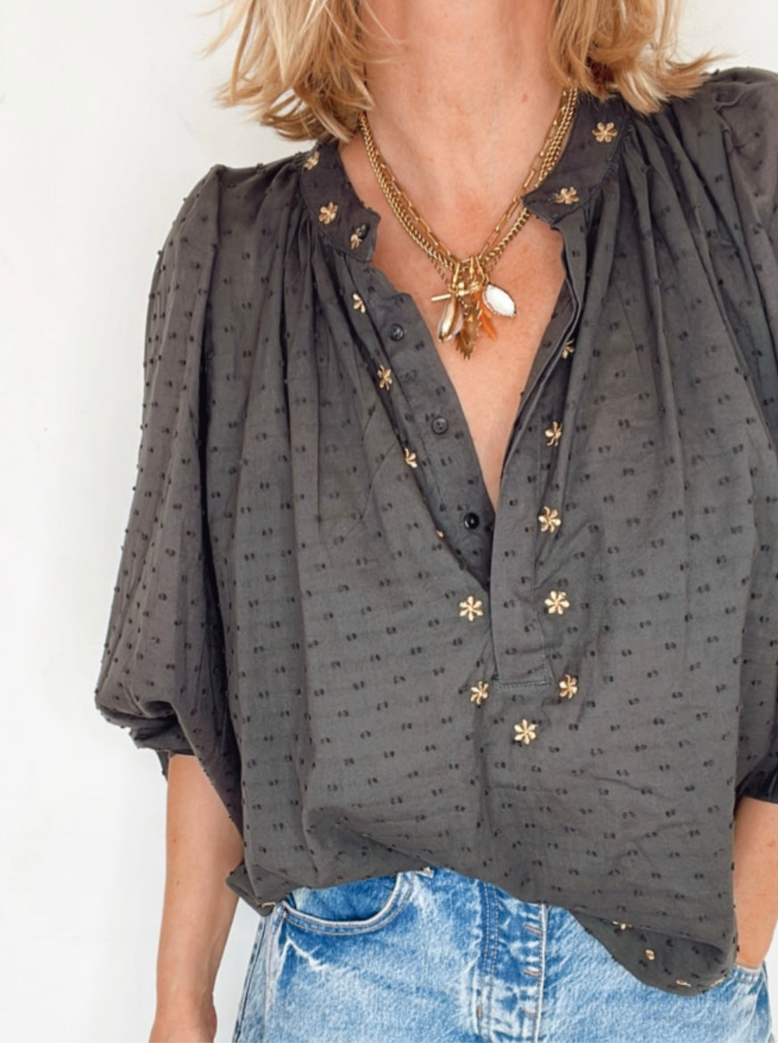 Shivani Half Placket Cotton Pop-Over Top - Washed Black