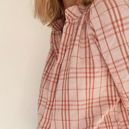 Sally Check Tie Neck Cotton Shirt - Dusty Pink