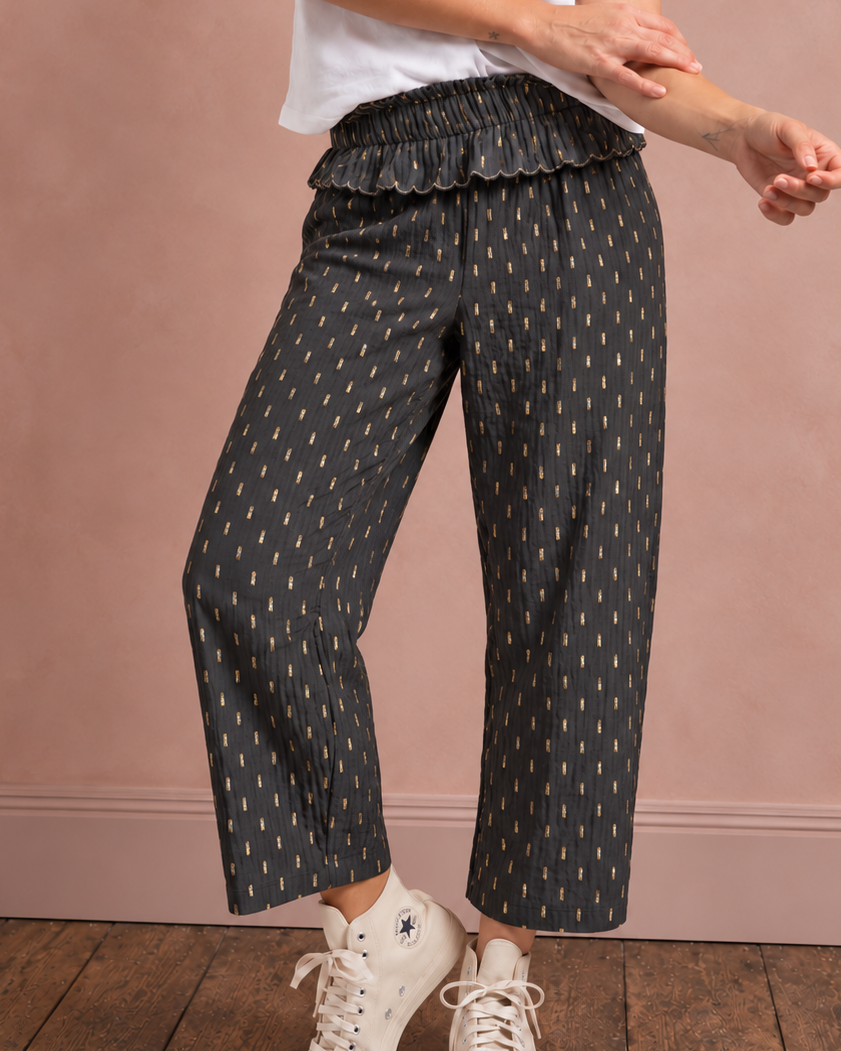 Goldie Elasticated Peplum Waist Barrel Leg Trouser - Dark Charcoal & Gold