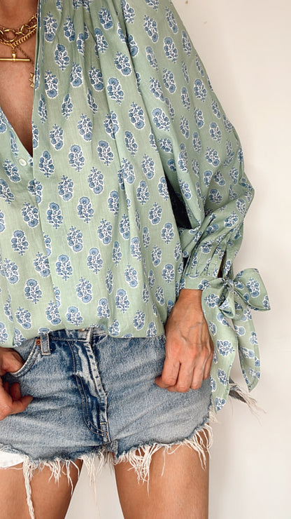 Mint print Delilah Bow Cuff Cotton Shirt