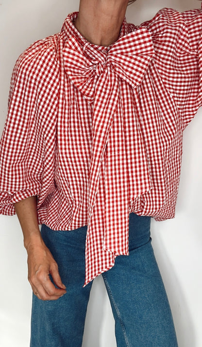 Cherry Gingham Tie Neck Cotton Shirt - Cherry Red & White