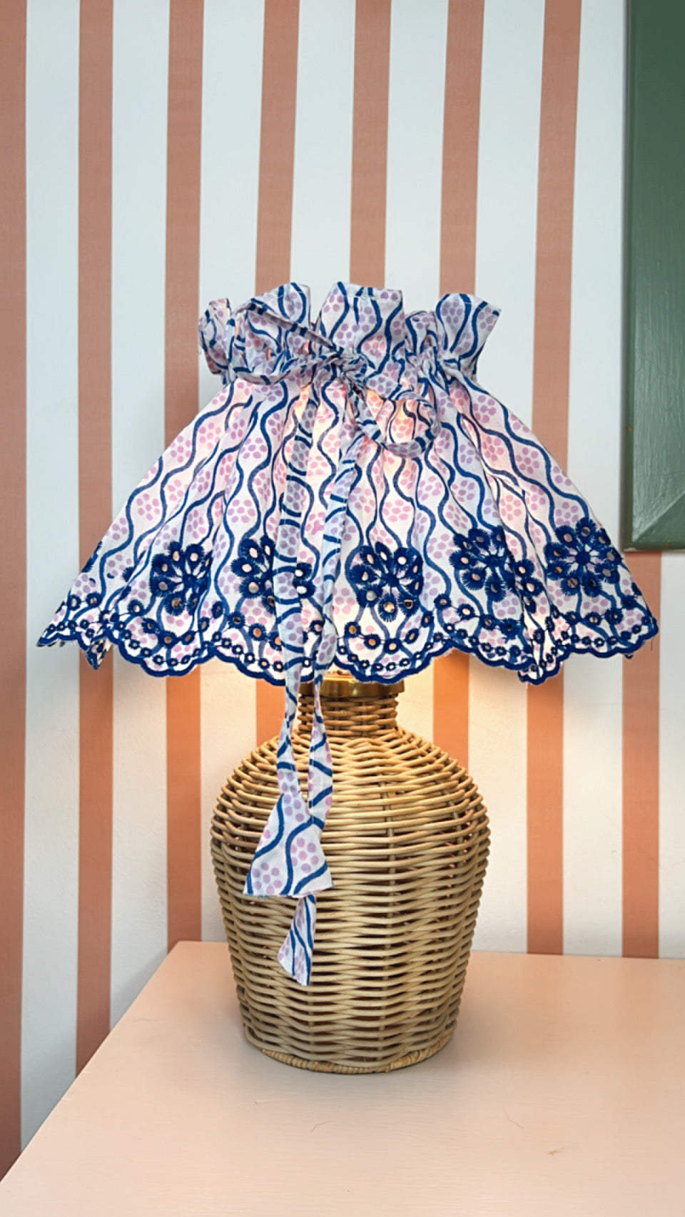 Medium Adjustable Broderie Trim Fabric Lampshade Cover - Indigo Wave & Pink Dot