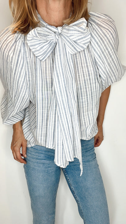 Scandi Stripe Tie Neck Cotton Shirt - Ecru and Soft Grey